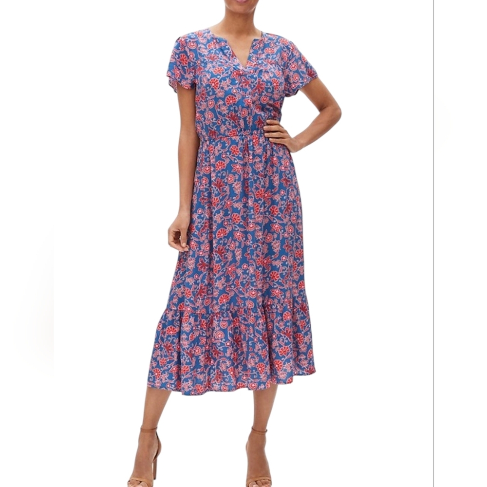 Gap Womens Midi Dress Floral Flutter Sleeve Tiered Colorful Summer Travel Medium